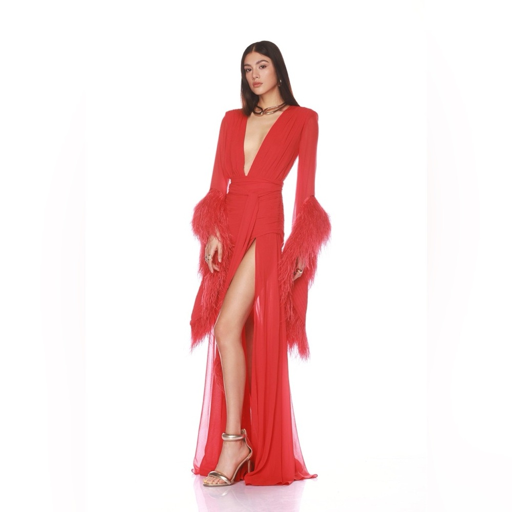 Bronx & Banco Geisha Ostrich Feather Trimmed Plunge High Slit Wrap Gown M NWOT - Picture 10 of 16
